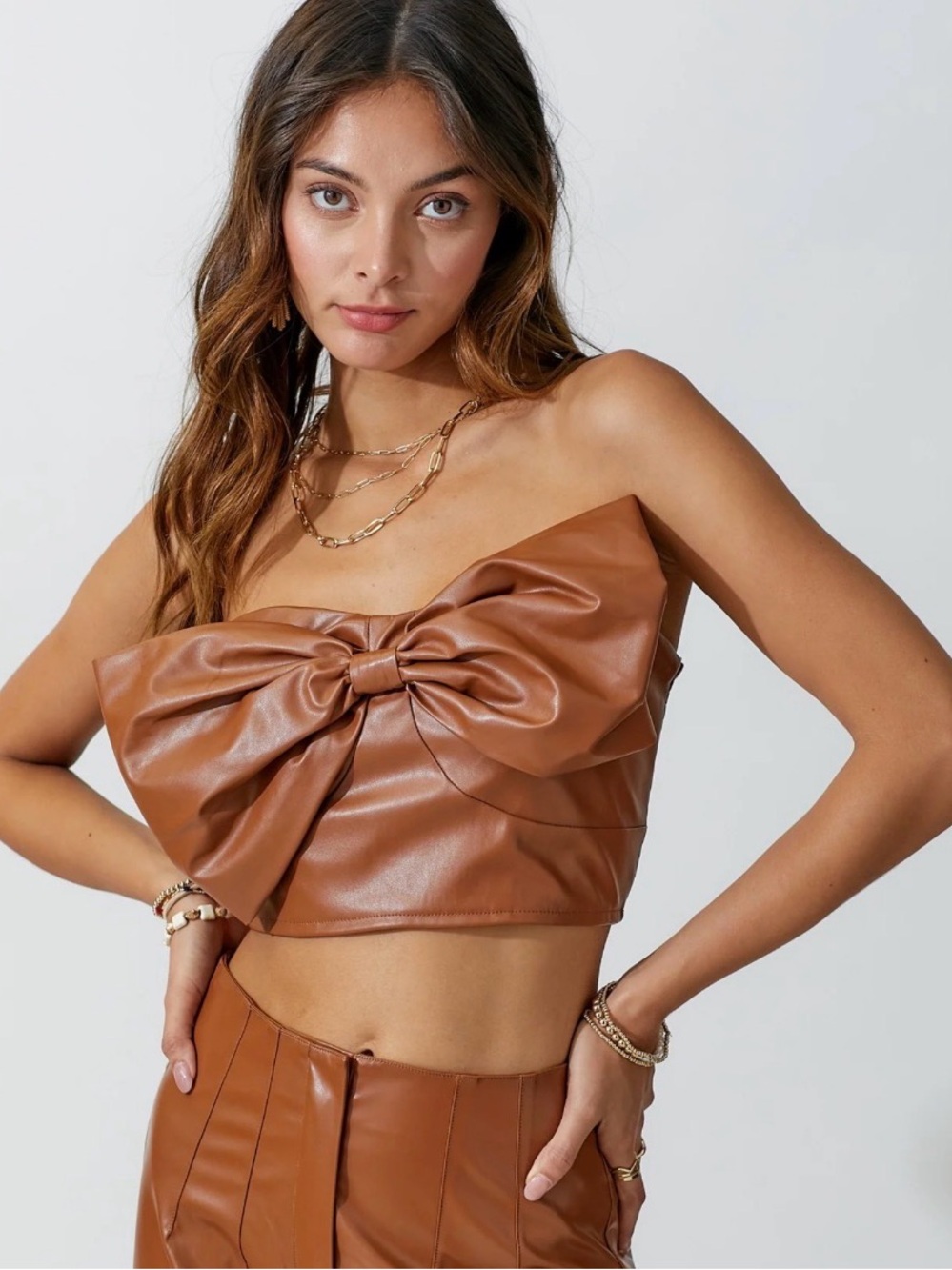 Faux Leather Bow-Front Spaghetti Strap Crop Top